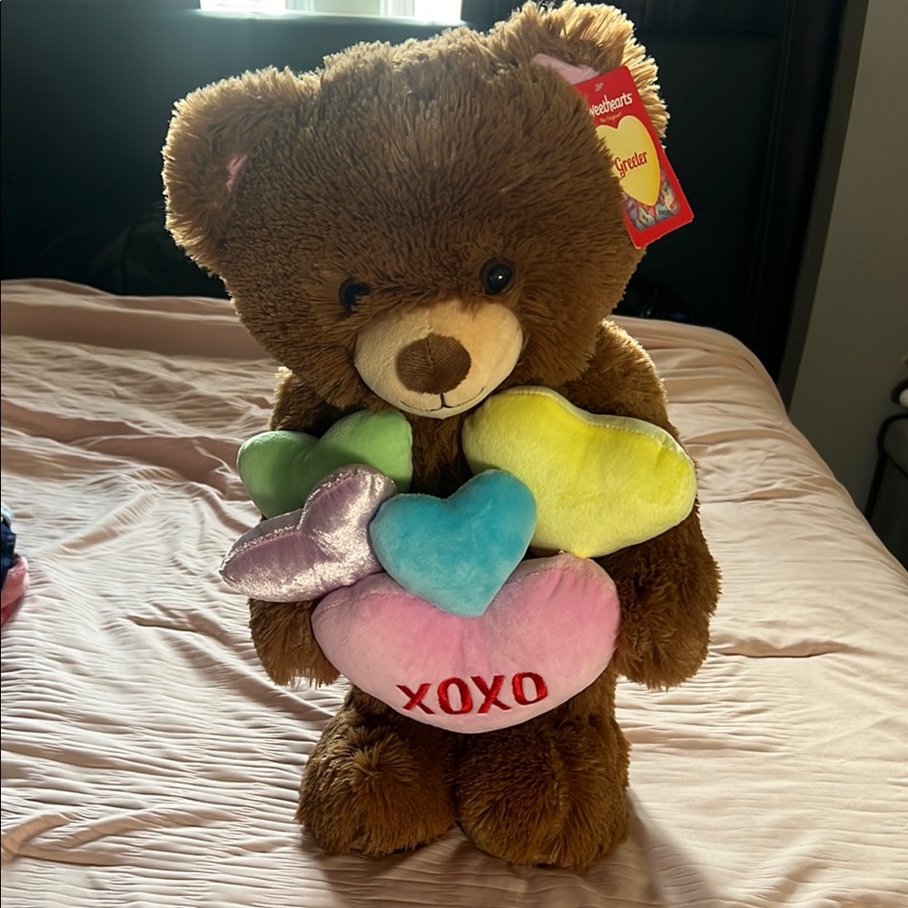 Brown Teddy Bear with Colorful Hearts